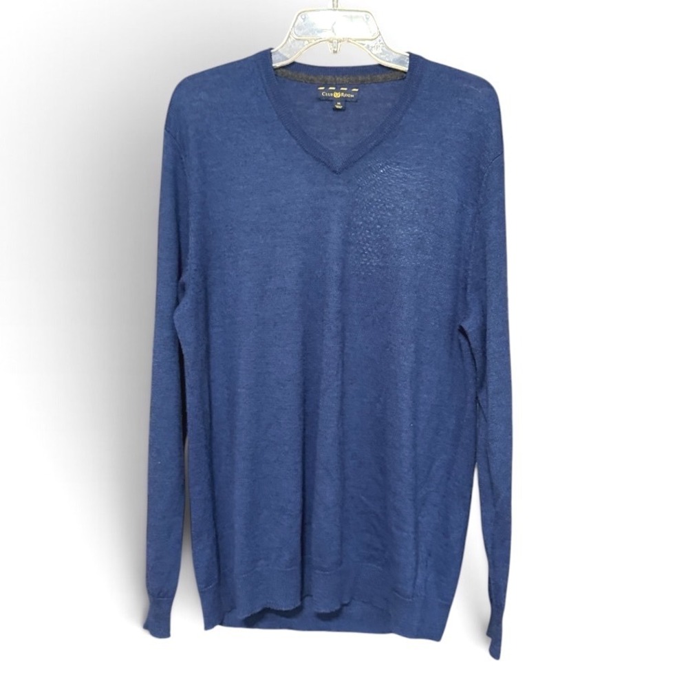 Club Room V-Neck Sweater Mens Medium Blue Merino Wool Blend Pullover Preppy